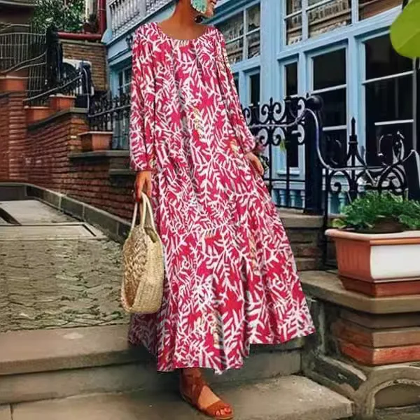 Uveng Uveng 2025 Summer New Women's Ebay Digital Print Long-Sleeved Dress Casual Long Dress
