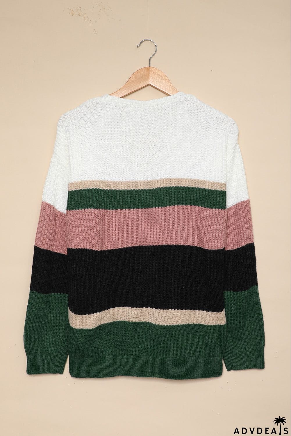 Khaki Colorblock V Neck Ribbed Knitted Sweater