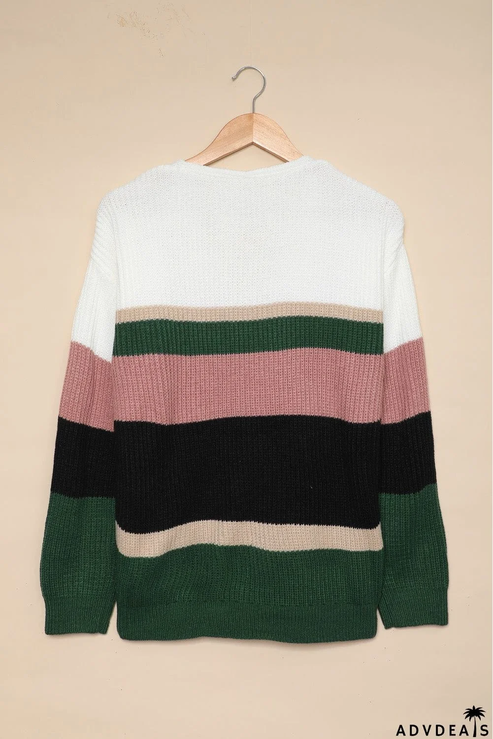 Khaki Colorblock V Neck Ribbed Knitted Sweater