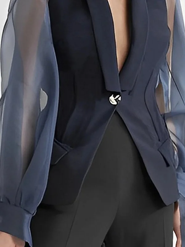 Loose Puff Sleeves See-Through Split-Joint Lapel Blazer Suits Blouses&Shirts Tops