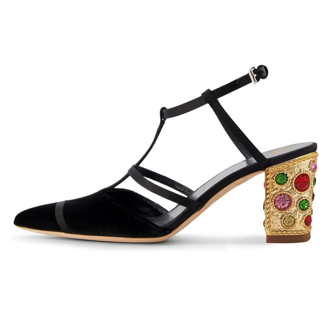 Black Pointed Toe Decorative Heel Rhinestone Ankle Strap Pumps Shoes