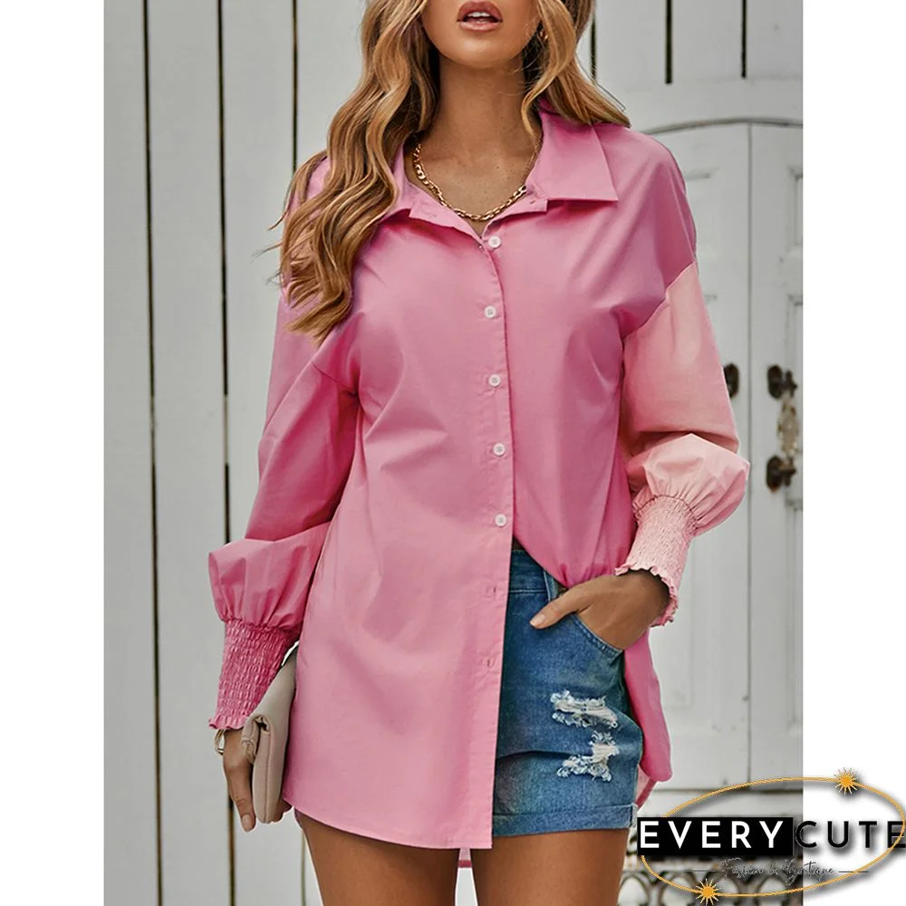 Pink Contrast Button Pleated Cuffs Long Sleeve Shirt