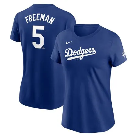 Women's Los Angeles Dodgers #5 Freddie Freeman  Royal 2025 World Series Champions Name & Number T-Shirt