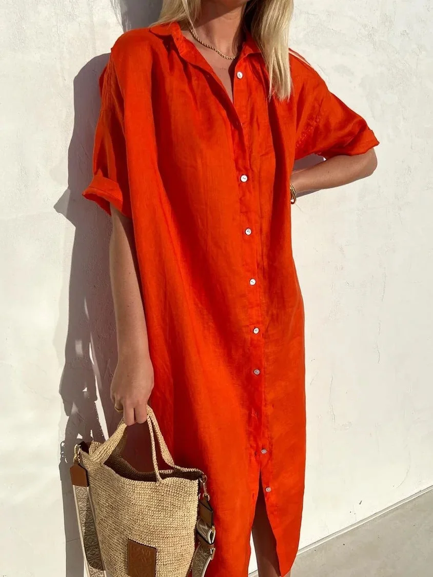 Uveng Casual Loose Sleeves Button Dress Cotton And Dresses