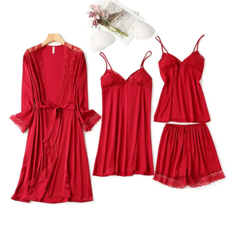 4PCS Women Pajamas Set Satin Summer Sleepwear With Lace Casual Kimono Bathrobe Gown  PJS Lingerie Loose V-Neck Nightwear