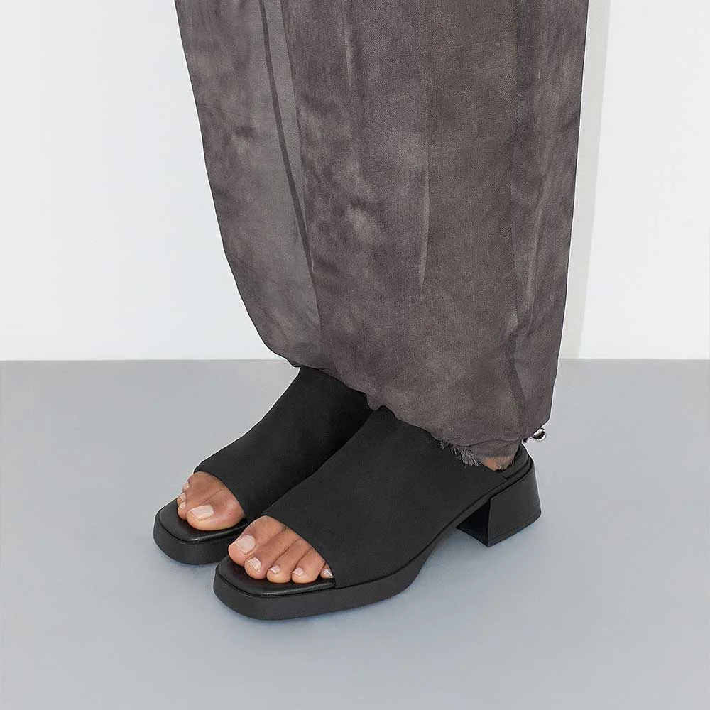 Black Lycra Open Toe Chunky Heel Platform Slip On Mule Shoes for Women