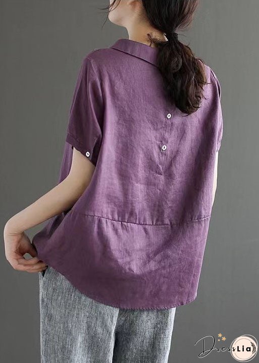 Unique Purple Peter Pan Collar Patchwork Linen T Shirts Summer