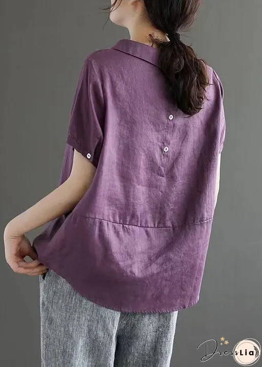 Unique Purple Peter Pan Collar Patchwork Linen T Shirts Summer