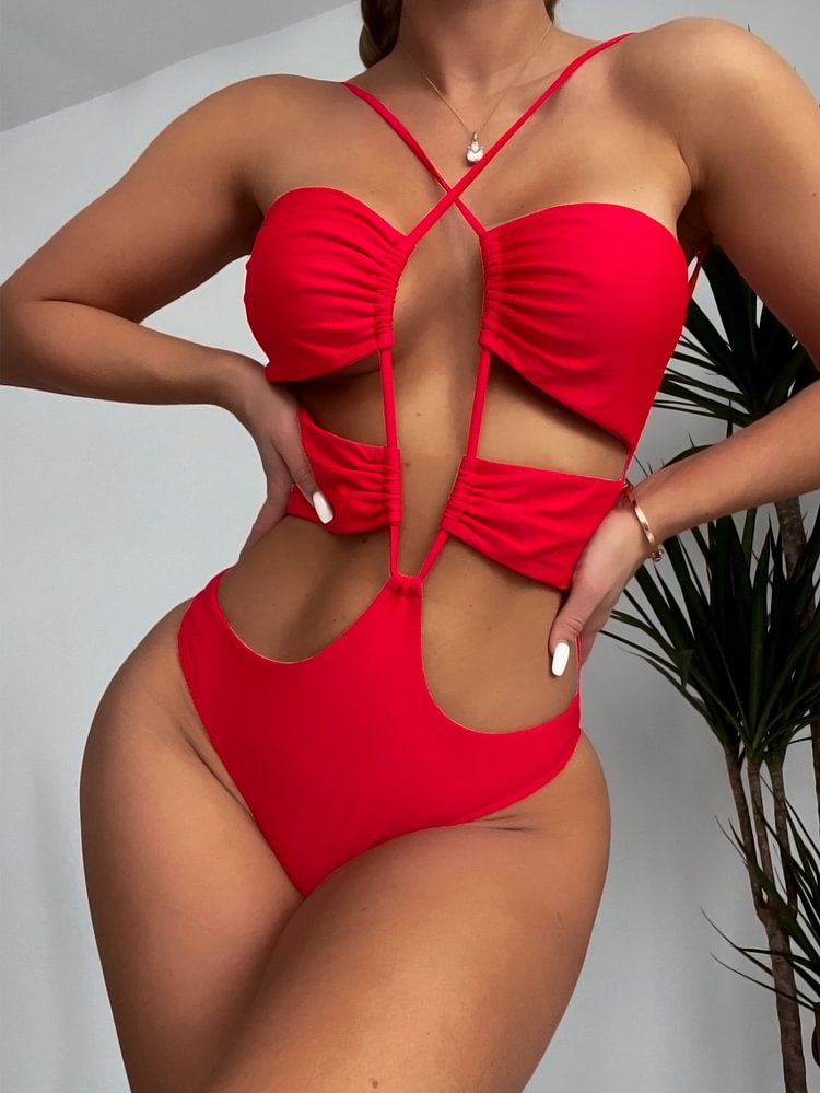 Red Straps Cutout Open Back One-piece Bikini Swimsuit Katch Me
