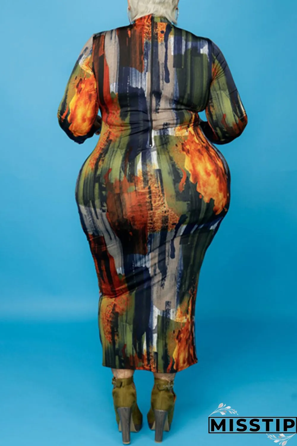 Multicolor Fashion Casual Print Basic O Neck Long Sleeve Plus Size Dresses