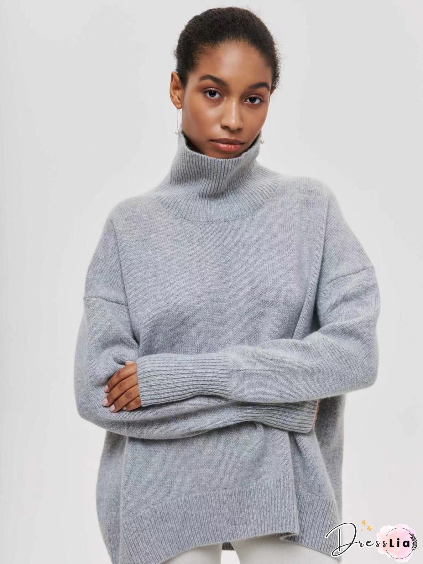 Lightblue Plain Cotton-Blend Casual Sweater