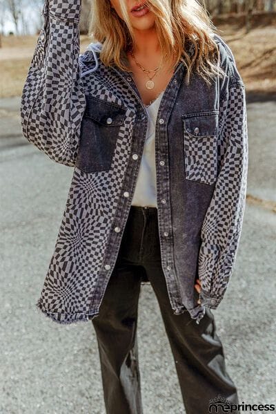 Plaid Snap Down Raw Hem Drawstring Hooded Jacket