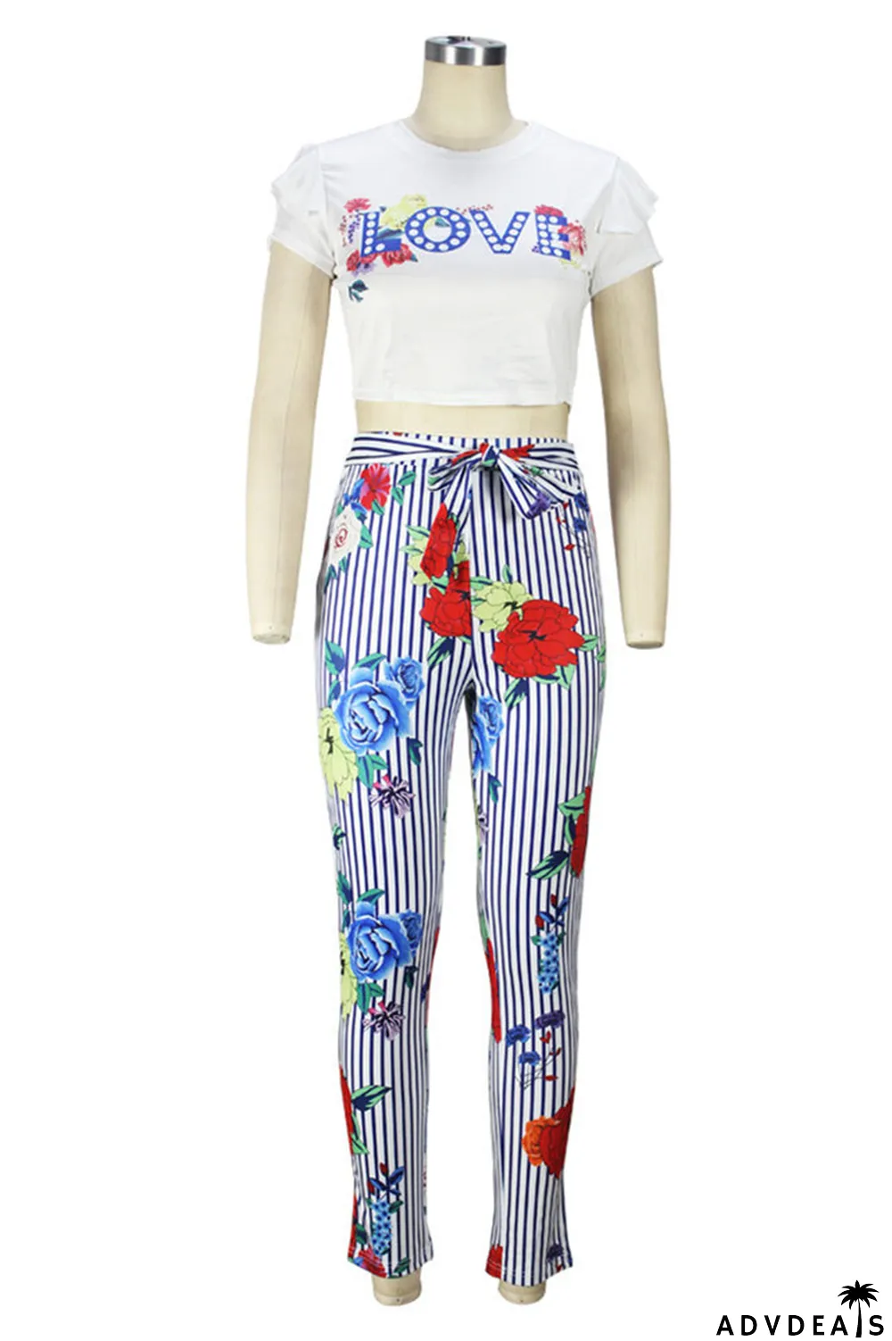 Blue Fashion Casual Print Basic O Neck Short Sleeve Two Pieces