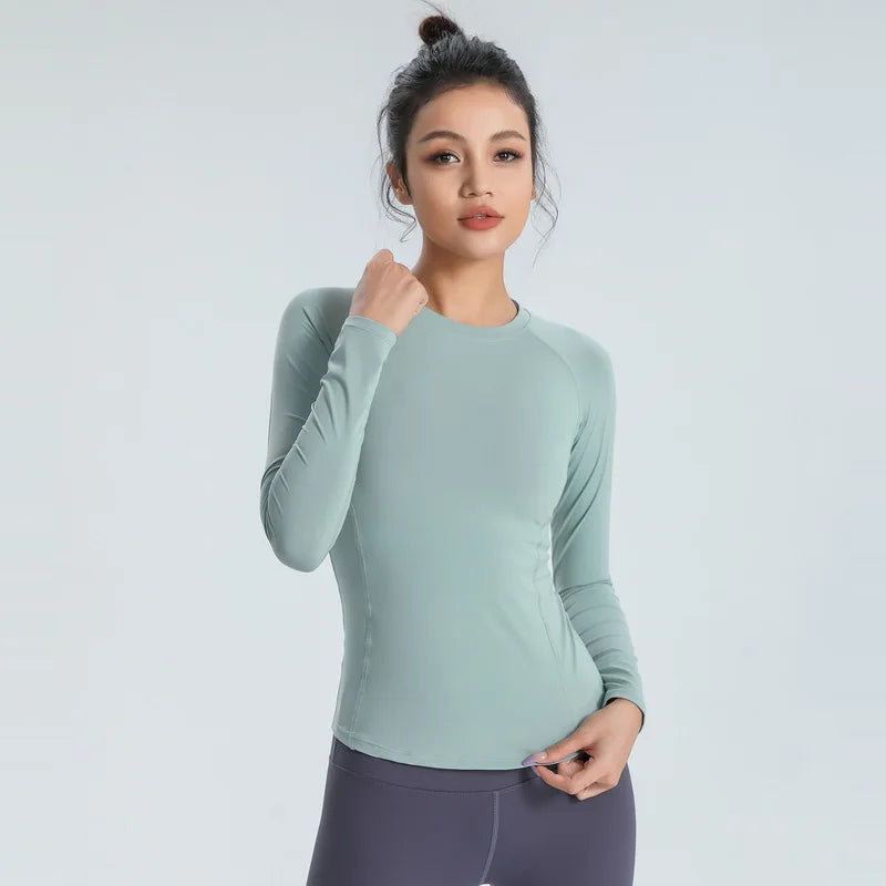 Llyge New Women's Workout Long Sleeve Yoga Basic Tee Shirt Casual Round Neck Slim Athletic Running Solid T-Shirt Top Nylon Fabric llyge
