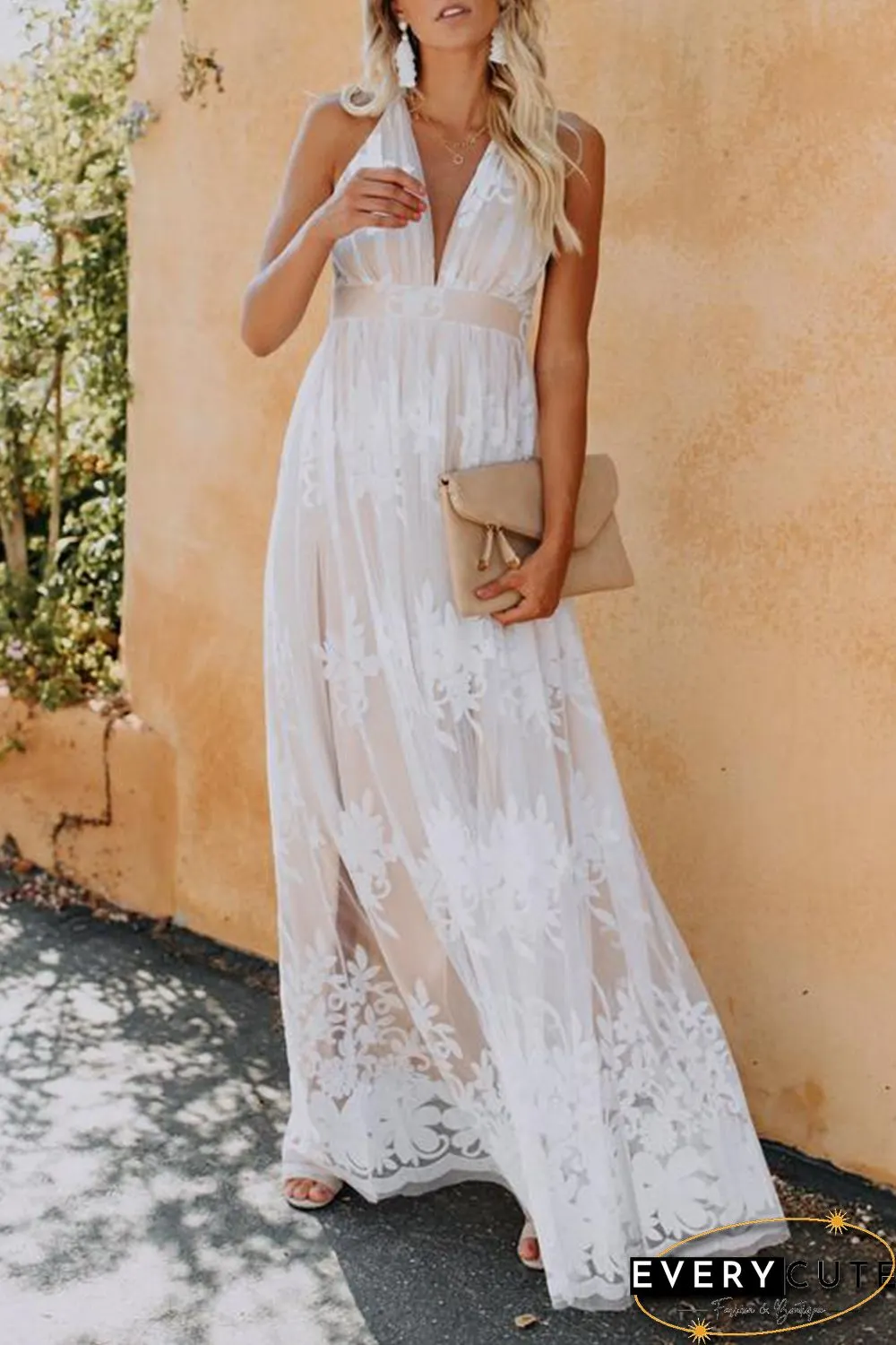 White Lace Contrast Backless Spaghetti Straps Maxi Dress
