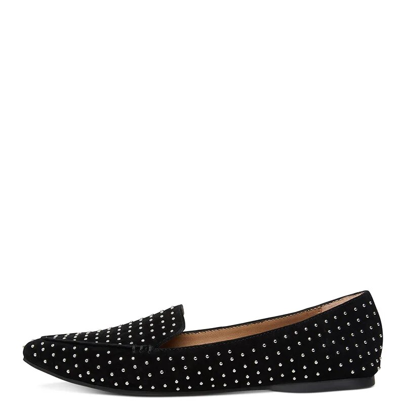 TAAFO Black Silver Rivets Pionted Toe Flats Woman Loafers Ladies Evening Party Shoes