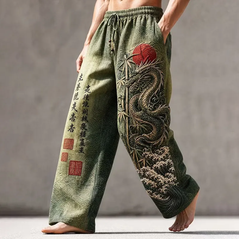 Men's Japanese Wave Bamboo Dragon Calligraphy Print Casual Pants  artssus
