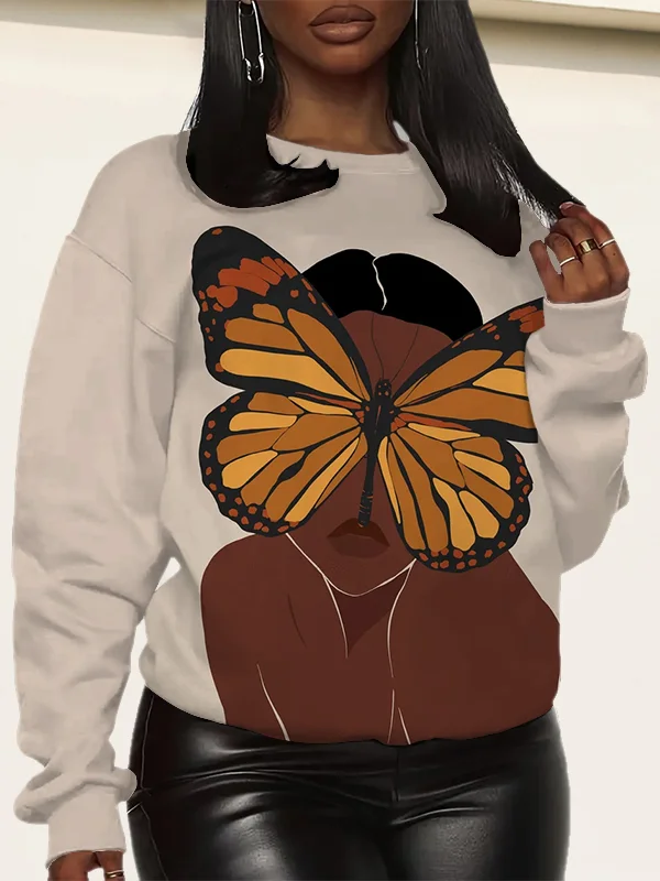 Women's Black Butterfly Art Print Casual Sweatshirt
