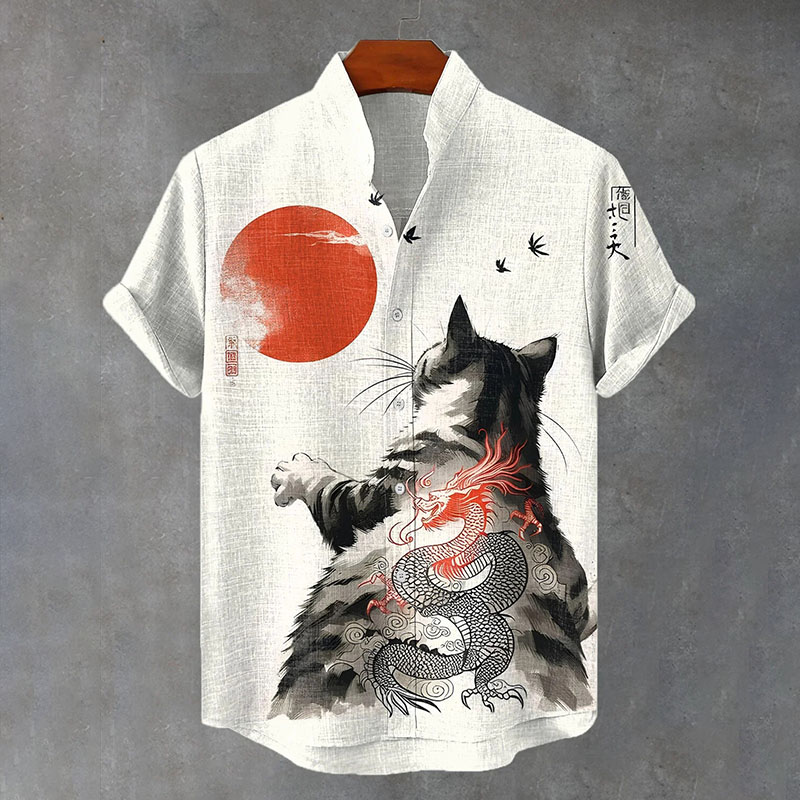 Men's Cat Dragon Japanese Art Print Casual Shirt  artssus