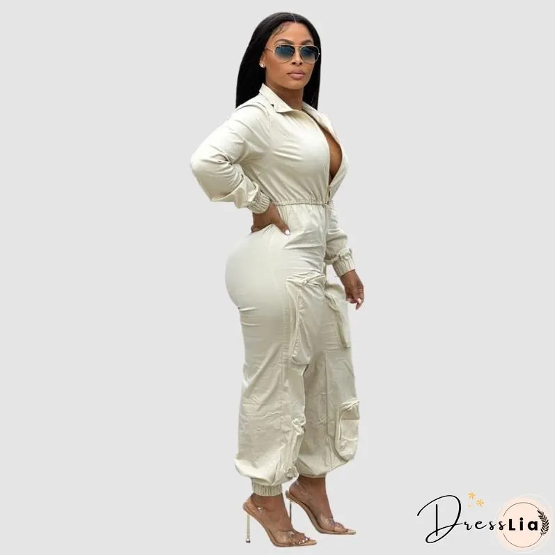 Lapel Patch Pocket Cargo Jumpsuits