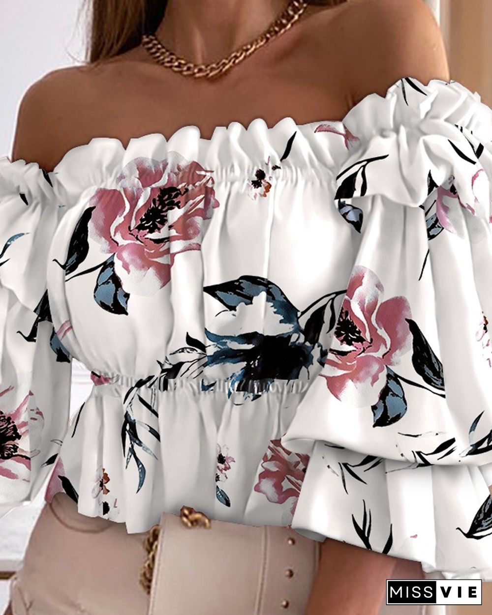 Floral Print Off Shoulder Layered Shirred Top