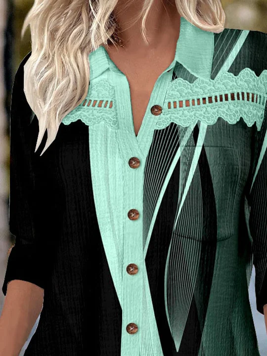 Women 3/4 Sleeve Shirt Collar Striped Printed Graphic Lace Button Pockets Tops