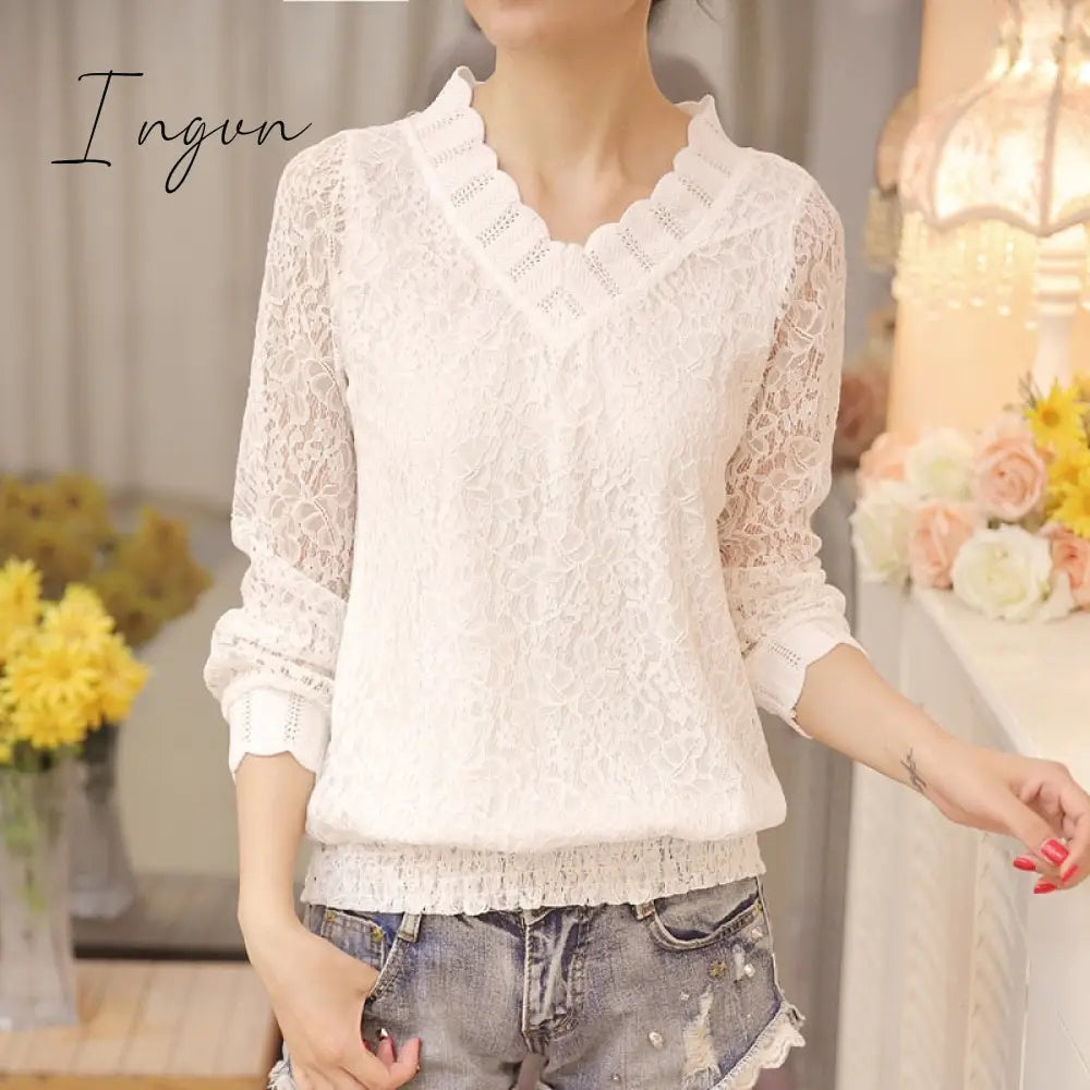 Ingvn - New Arrived Autumn Women Blouse Long Sleeve V Collar Lace Shirt Woman Sweet Temperament