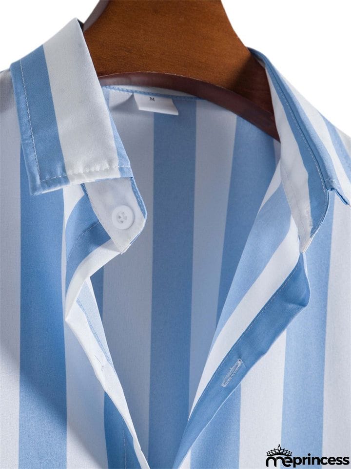 Men's Vertical Striped Button Down Aloha Shirt for Beach