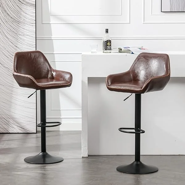 Bar Stools Set of 2, Adjustable Swivel Counter Height Barstools with Footrest Backrest, Modern PU Leather Bar Stools with Arms, Bar Chair for Cafe Pub Kitchen Counter Dining Room(Brown) Set of 2 Brown