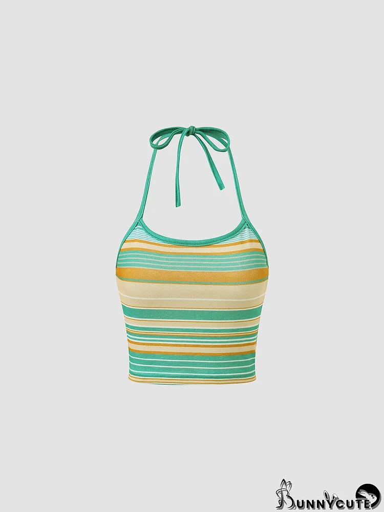 Stripe Print Self Tie Halter Open Back Crop Cami