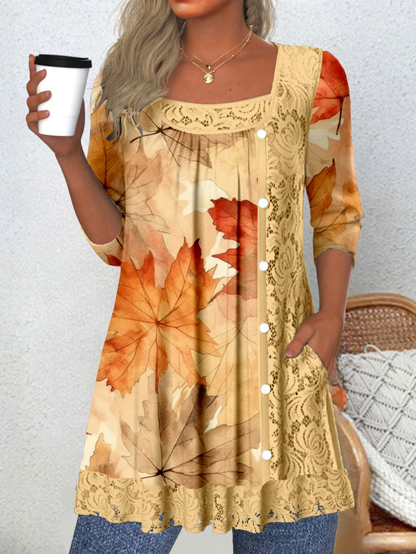 Women's Long Sleeve Scoop Neck Graphic Lace Buttons Top