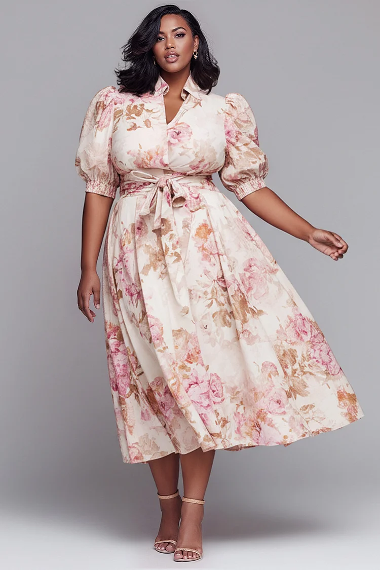 Xpluswear Design Plus Size Wedding Guest Pink Shirt Collar Puff Sleeve Short Sleeve Wrap Satin Midi Dresses [Pre-Order] 2024 - Xpluswear