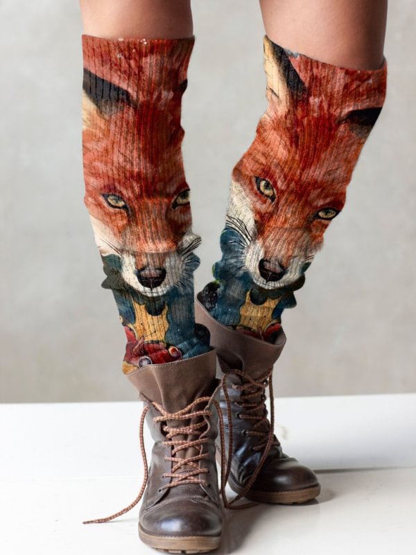 Retro fox print knit boot cuffs leg warmers