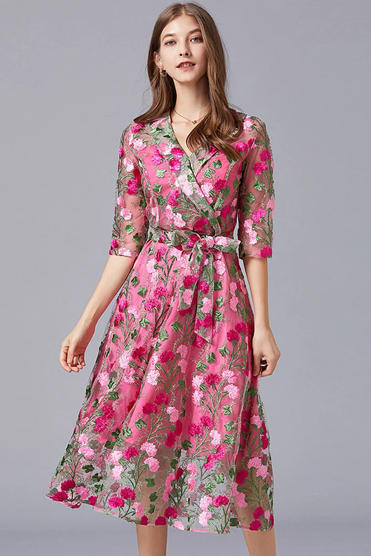 Everyday Pink Embroidery Lapel Collar 3/4 Sleeve Tea-Length Dress
