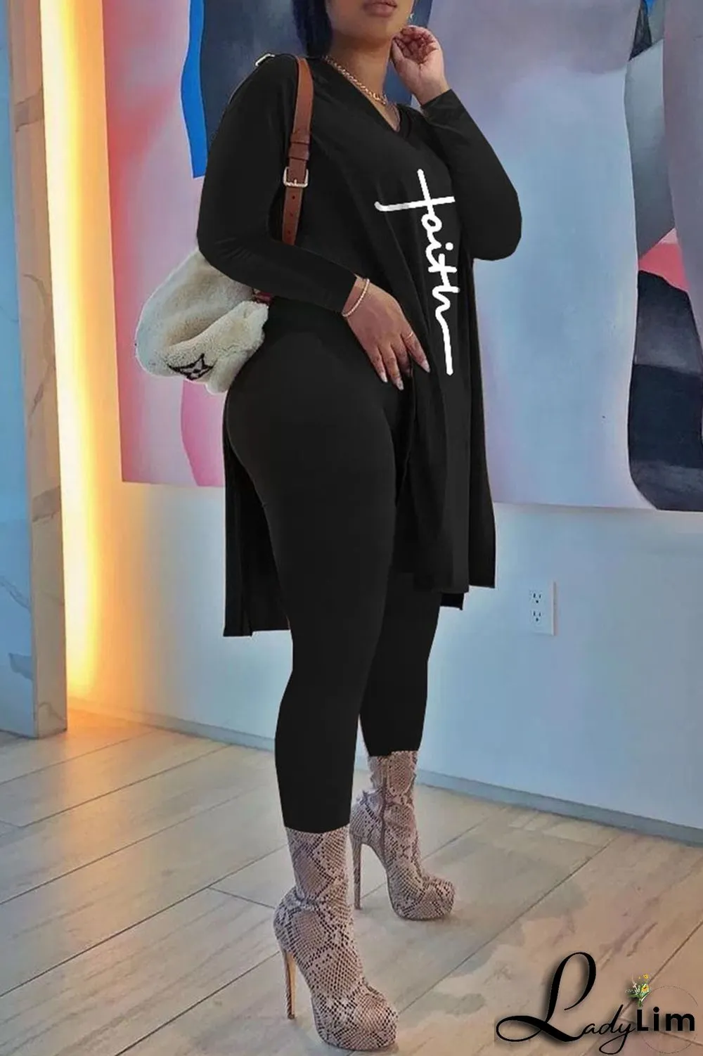 Coffee Casual Print Patchwork Slit V Neck Long Sleeve Two Pieces