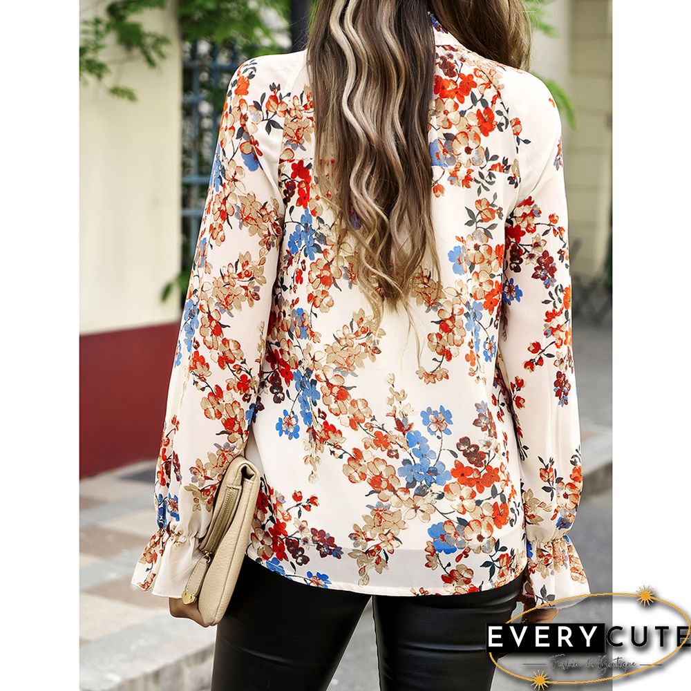 Apricot Floral Print Chiffon Long Sleeve Blouse