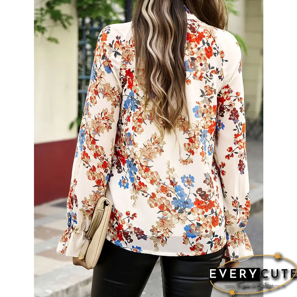 Apricot Floral Print Chiffon Long Sleeve Blouse