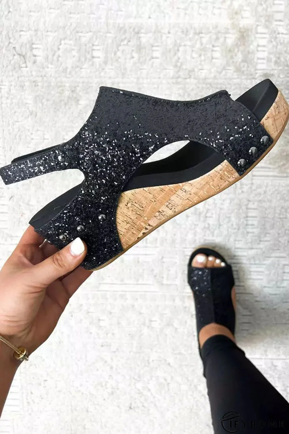 Black Buckle Hollow Out Sequin Wedge Sandals | IFYHOME