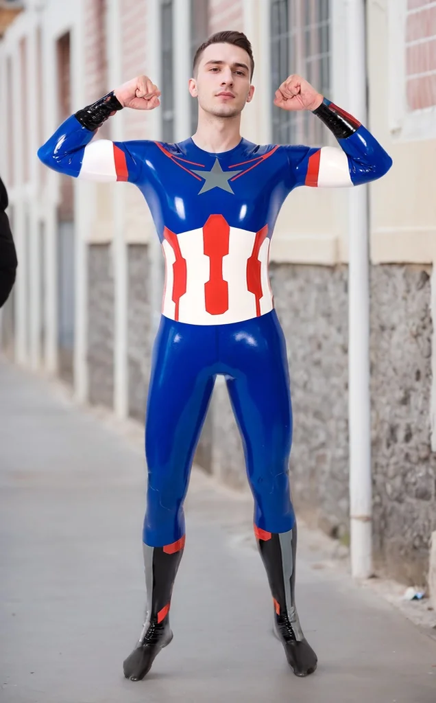 Men Latex Catsuits Neck Entry Cosplay Feet Captain Patriotic