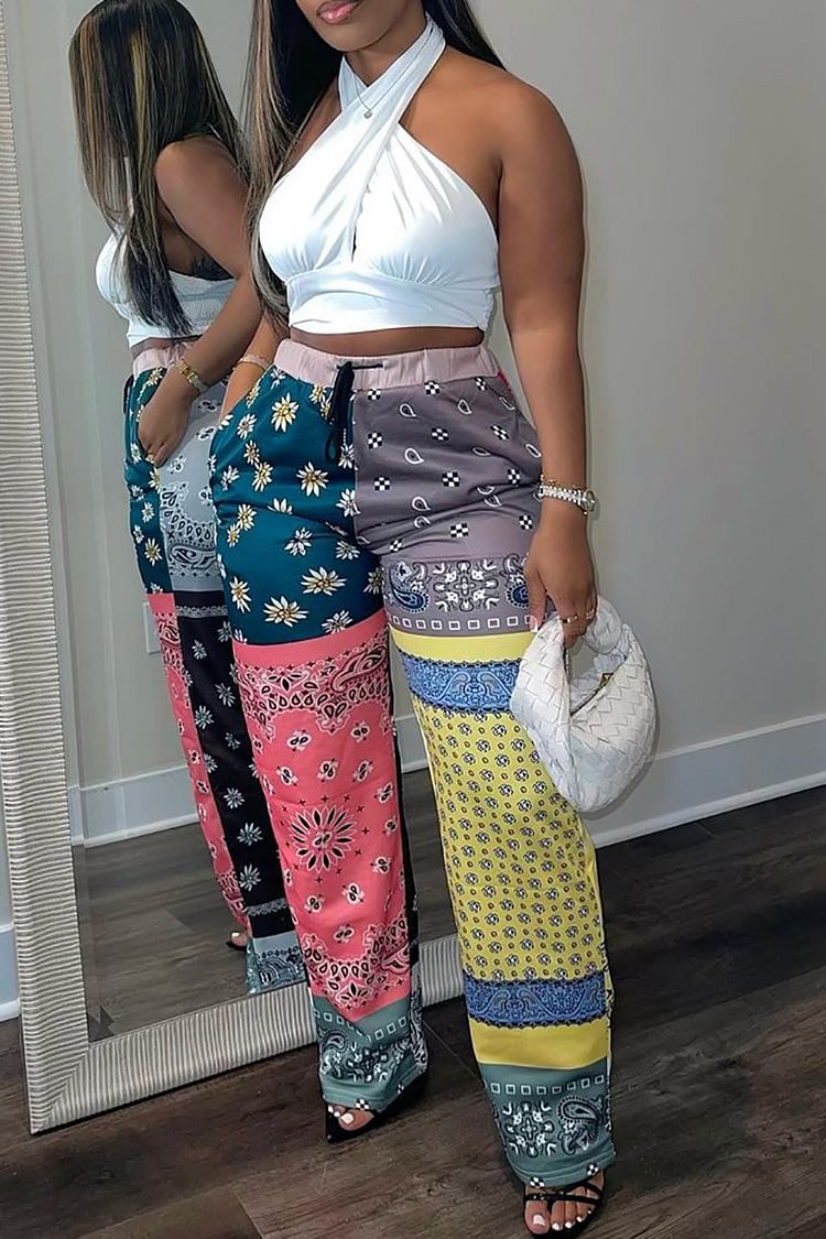 Plus Size Daily Paisley Print Patchwork Daisy Pants 