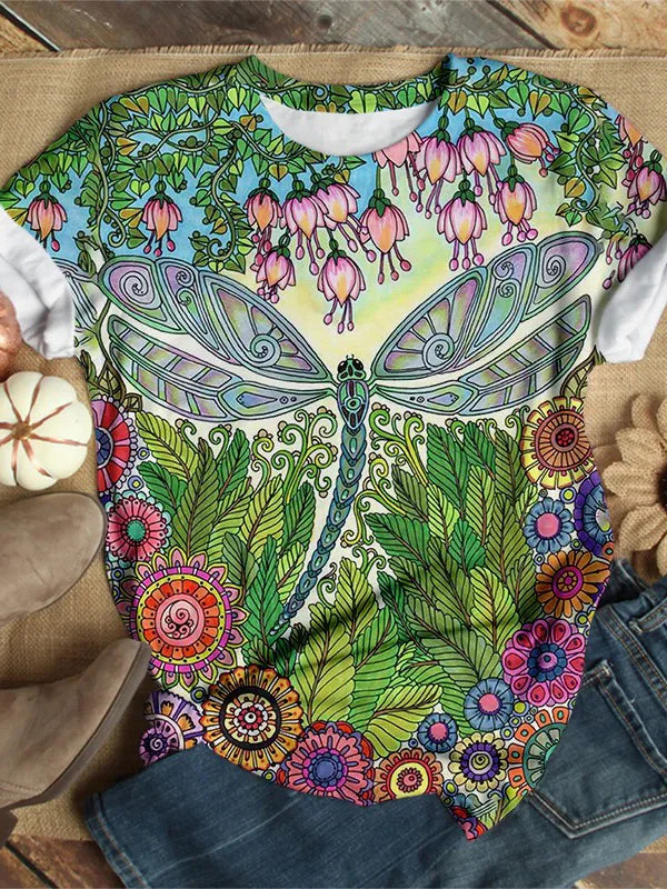Loose Dragonfly Plant Print Short Sleeve Top