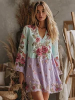 Women's V Neck Boho Classy Gradient Pink Roses Embroidered Art Casual Dress - Image 7