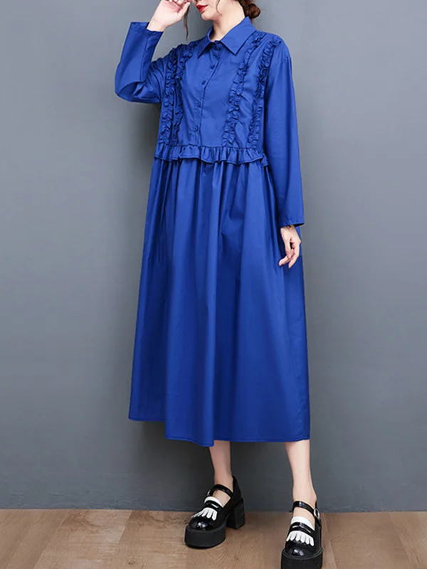 Roomy Artistic Retro Pure Color Falbala Pleated Long Sleeves Midi Shirt Dress