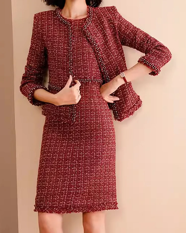 Elegant Tweed Jacket And Dress Two-Piece Set