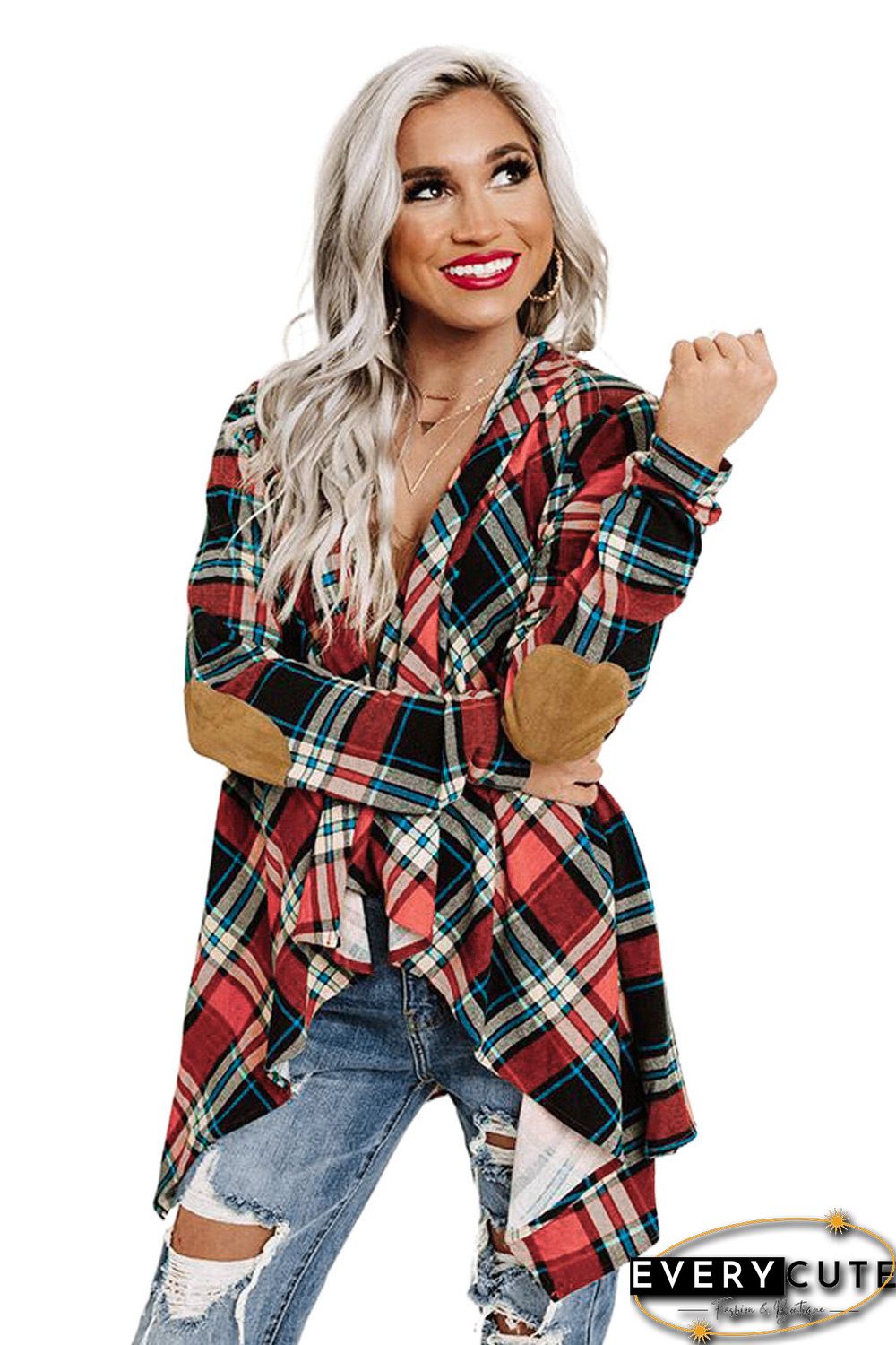 Suede Elbow Patch Hooded Plaid Cardigan