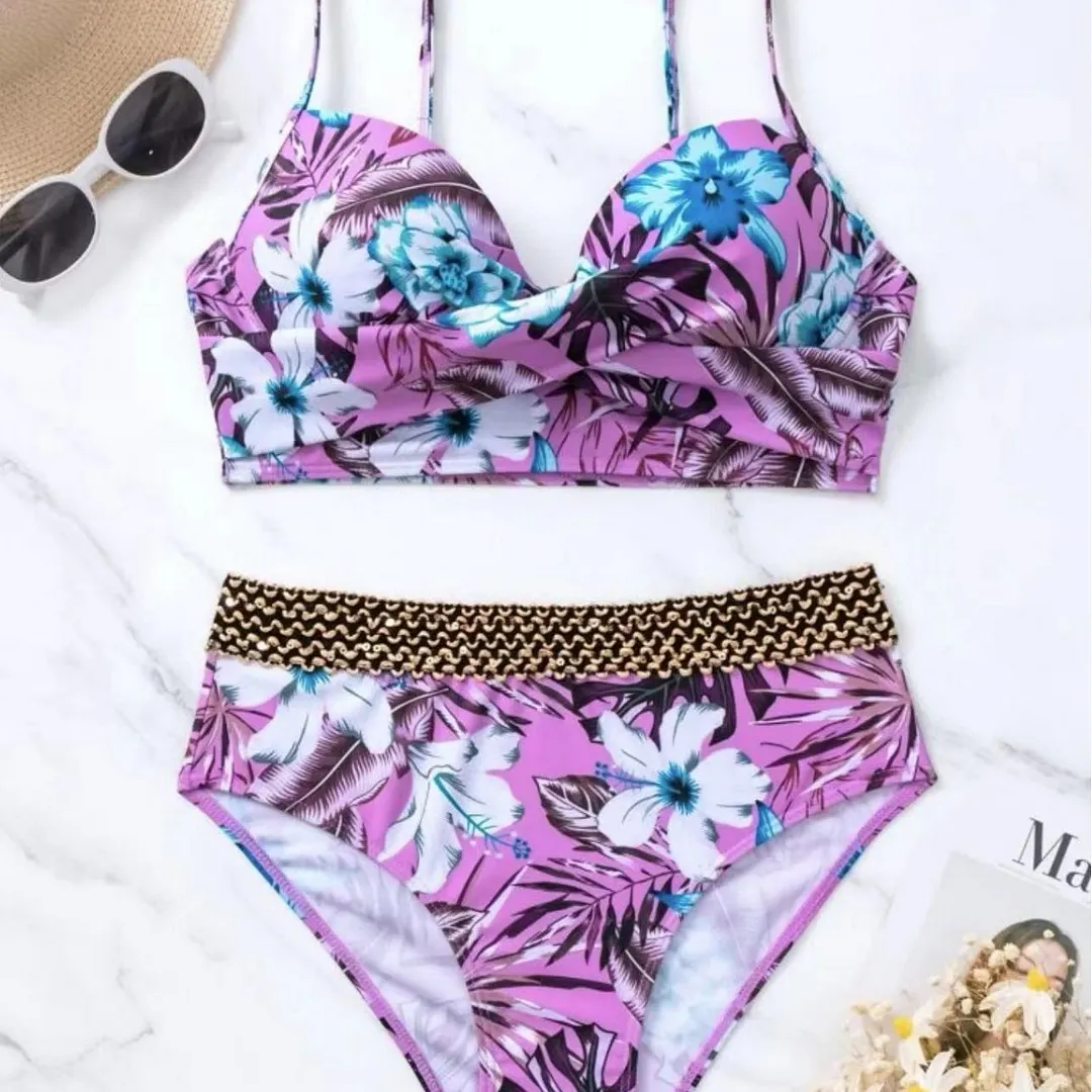 Churchf 2023 New Floral Split Weaving Belt High-Waisted Conservative Swimsuit Swimsuit