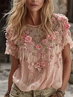 Women's Spring Floral Embroidered Art Flowy Linen Blend Short Sleeve Casual Tops