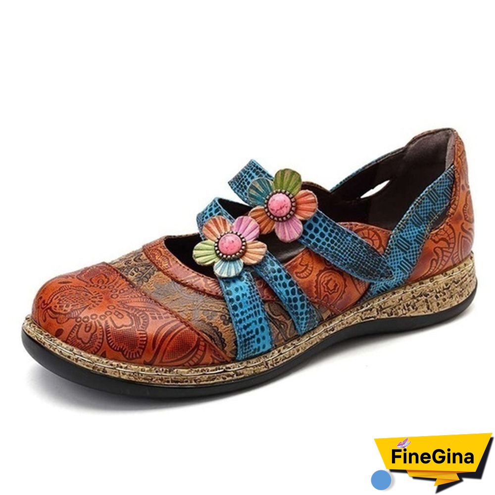 Vintage Floral Genuine Leather Splicing Colored Stitching Hook Loop Flat Shoes Spring Summer Casual Women Flat Shoes（2styles）