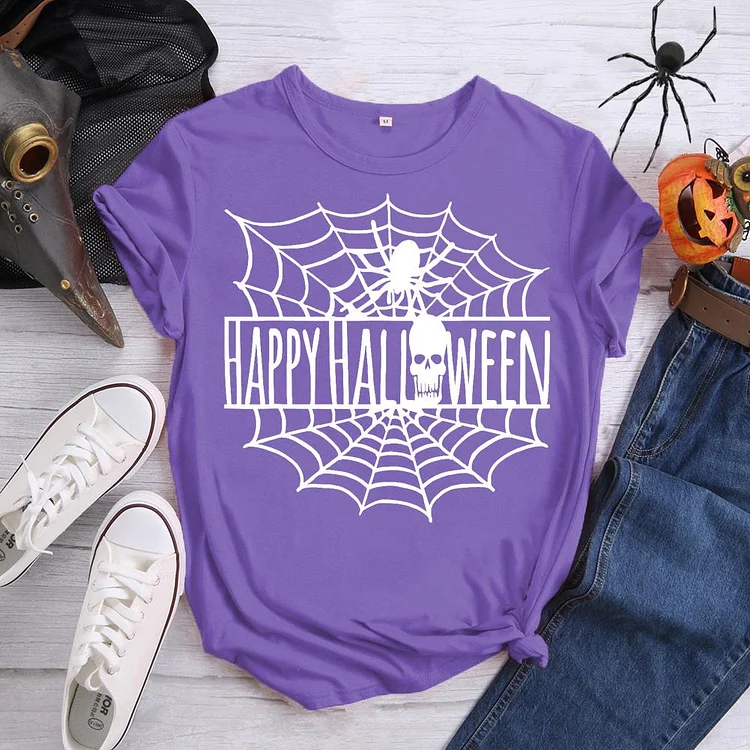 Happy Halloween Spooky Spider Web Skull T-Shirt-07158