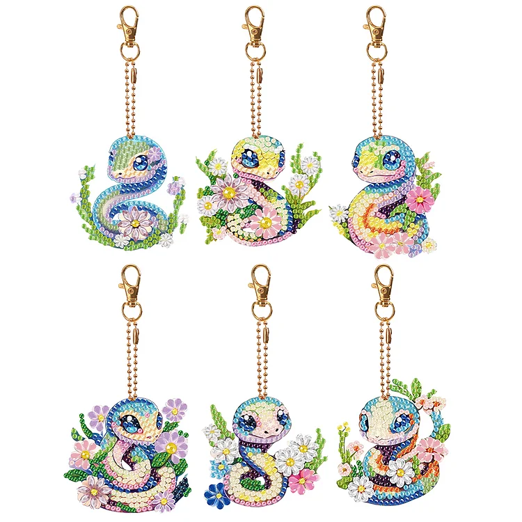 6 PCS Flower Snake Double Sided Diamond Painting Keychain for Beginners Adults
